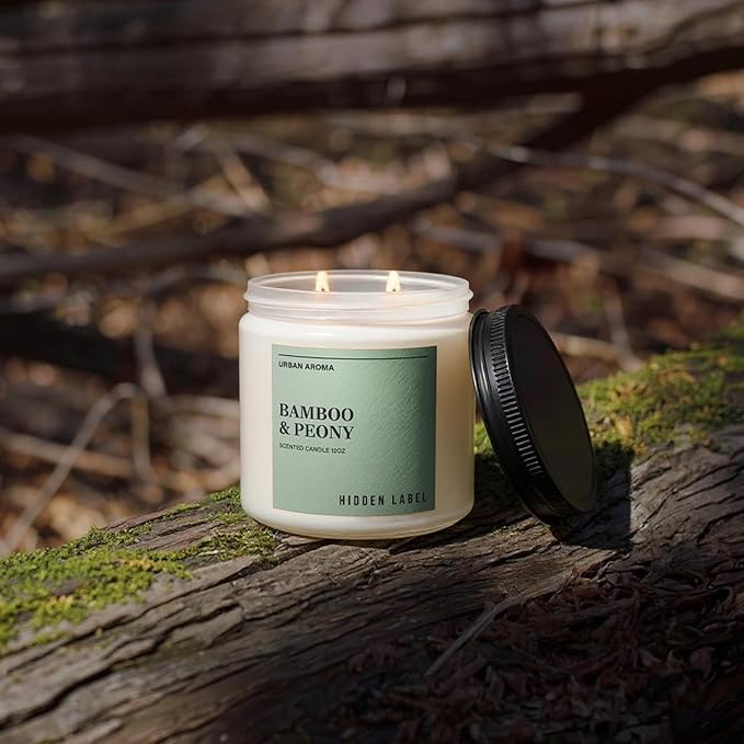 Hidden Label Bamboo Peony Scented Candle, 12oz 2 Wick Natural Soy Non Toxic Candles, Clean Burning Long Lasting Aromatherapy for Home | Gifts | Décor,Premium Scents for Relaxation & Stress Relief - Bloomnest