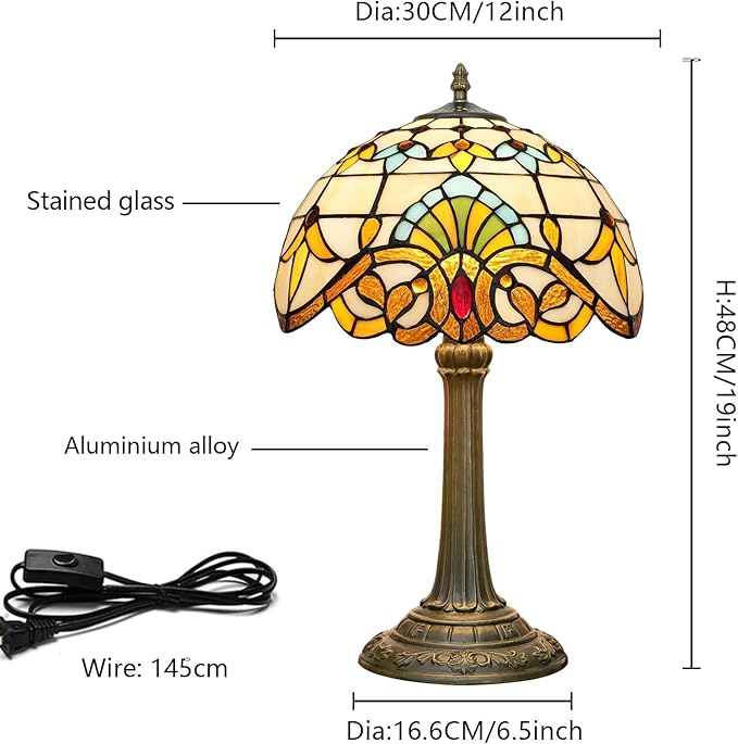 Tiffany Lamp Stained Glass lamp 12 inches Bedside Table Lamps for Living Room Bedroom Dorm Kitchen Home Decor Festival Birthday Gift,Yellow Baroque - Bloomnest