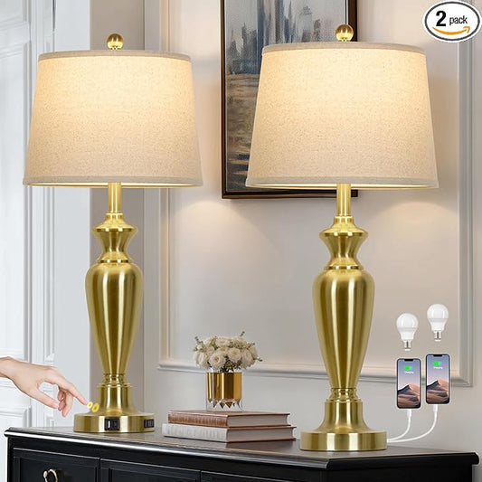 30" Tall Gold Table Lamps Set of 2, Touch Control Bedside Lamp with USB A+C Ports and AC Outlet, 3-Way Dimmable Modern Metal Nightstand Lamp for Bedroom Living Room, 2 LED Bulbs Included - Bloomnest