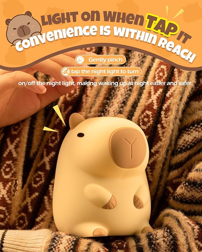 Cute Capybara Night Light, Animal Lamp, Food Grade Silicone, Rechargeable, 2 Level Dimmable, Squishy Nursery Nightlight for Desk Decor, Funny Gifts Stuff for Boys Girls Baby, White Elephant Gifts - Bloomnest