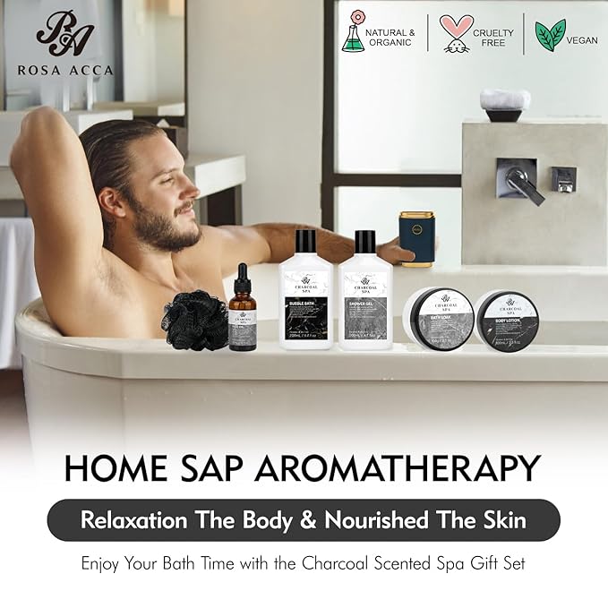 Valentines Day Gifts for Men & Women, 23pcs Bath and Body Gift Basket, Charcoal Luxury Home Spa Kit, Leather Bag, Face Oil, Birthday, Self Care Kit, Christmas, Holiday, Father's Day, Mother Day - Bloomnest
