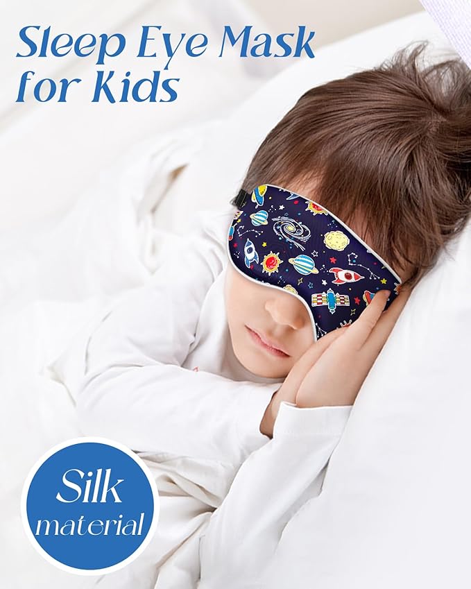 Sleep Mask for Kids - Cute Kawaii Cartoon Silk Sleeping Mask with Adjustable Strap Soft Smooth Light Eye Mask for Sleeping Silk Kids Eye Cover for Boys Girls Teens, BU Sky Rockets - Bloomnest