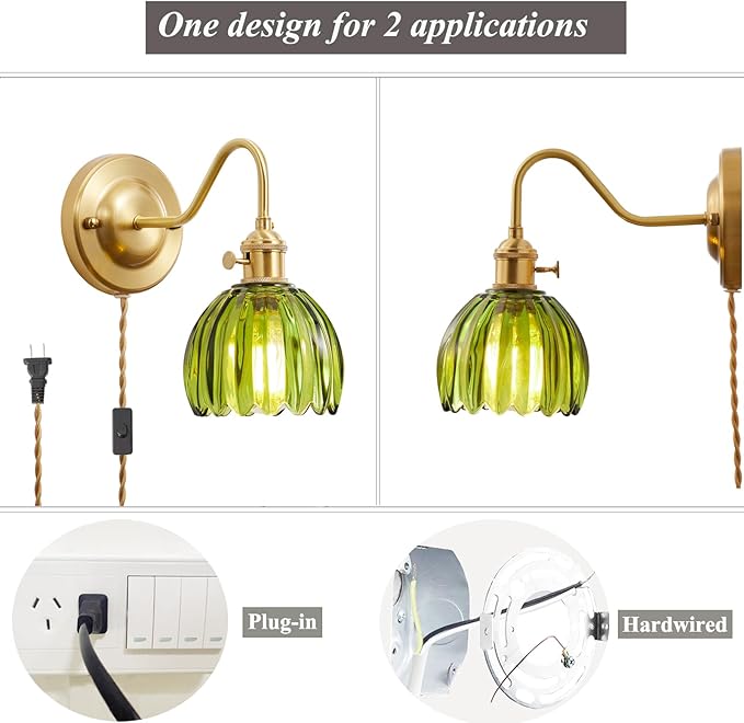 Vintage Plug-in Wall Sconce with Green Glass Shade – Brass E26 Socket Fixture, Easy Mount with Switch, Convertible to Hardwired, Accent Light for Bedroom, Vanity, Hallway - Bloomnest