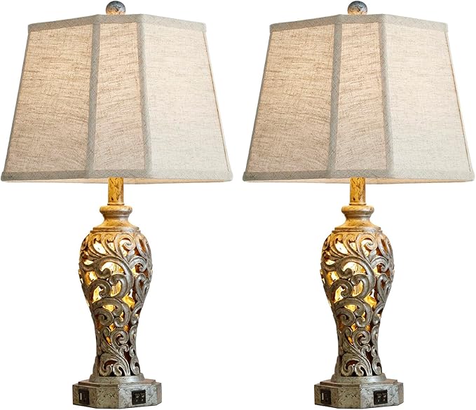 Vintage Table Lamps Set of 2 for Living Room Bedroom, 2 USB Ports 25'' Rustic Farmhouse Desk Lamp with Nightlight, Iron Gray Hollow Out Resin Lamp for End Table (Bulbs Included) - Bloomnest