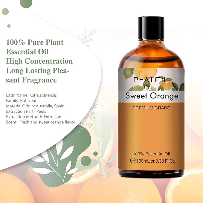 Sweet Orange Essential Oil, 3.38Fl.Oz PHATOIL Pure Essential Oil Singles for Aromatherapy Diffusers, Humidifiers, Great for DIY Candle and Soap Making, Gift for Friend PHATOIL