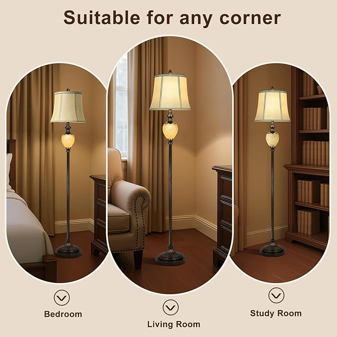 Vintage Floor Lamp with Nightlight, 64" Tall Lamp with Beige Faux Silk Shade, Rotary Switch, Farmhouse Design Brown Standing Lamp for Living Room Bedroom Office Dining Room Corner (LED Bulb Included) - Bloomnest