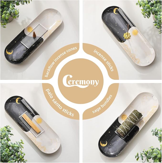 CEREMONY Incense Holder for Sticks, Ceramic Incense Burner with 60 Incense Sticks for Sage Palo Santo, Heat-Resistant Insence-Stick Holder for Backflow Incense Cones Meditation Yoga Spa Room Decor