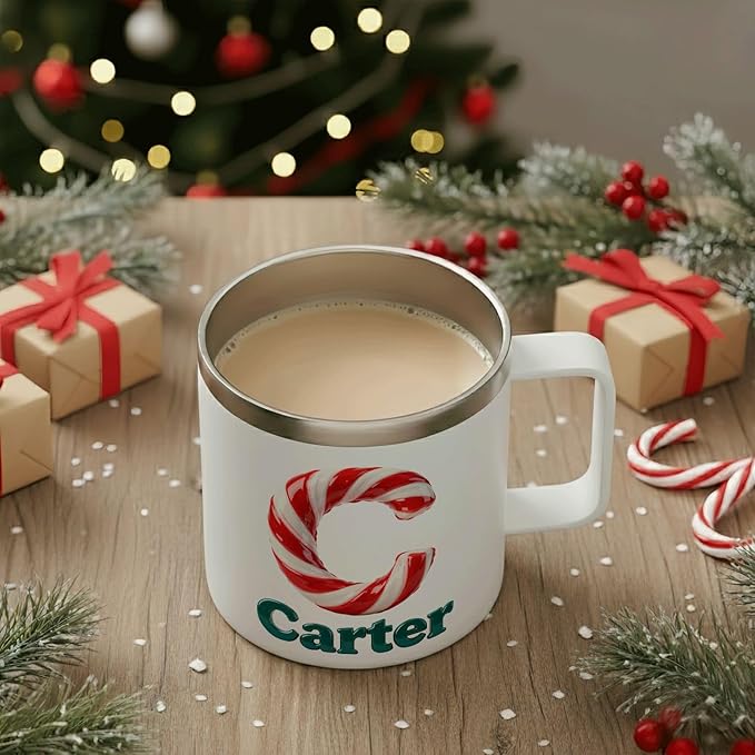 Personalized Christmas Insulated Coffee Mug with Handle – Custom Candy Cane Double Wall Stainless Steel Travel Tumbler for Drinks – Unique Holiday Gift for Men, Women, & Kids (B112) - Bloomnest