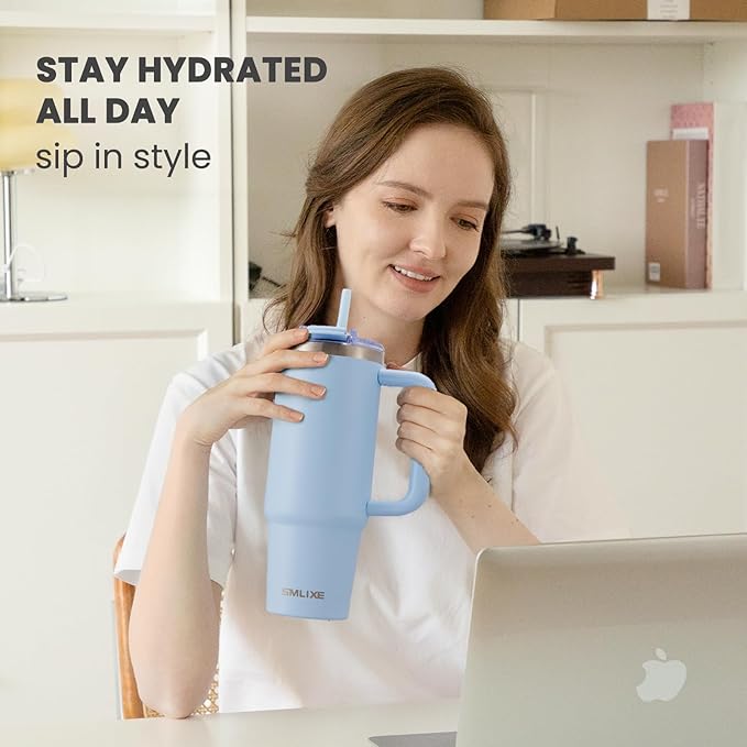 30 oz Tumbler with Handle, Tumbler with Lid and Straw, Double Wall Vacuum Insulated Travel Mug Stainless Steel Tumbler for Hot and Cold, Cupholder Friendly (Blue) - Bloomnest