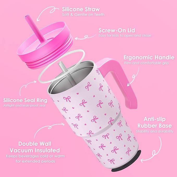 Bow Tumbler 20oz with Handle and Silicone Straw Lid for Kid, Insulated Stainless Steel Cup, Gift for Kids Girls, Gifts Idea for Birthday Christmas Back to School - Bloomnest