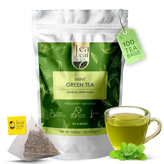 Tealeaf & Co. Mint Green Tea Bags Blended with Fresh Herbs - Spearmint & Peppermint Tea - Contains Low Caffeine - Gluten Free - 100 Teabags (7.055oz/200gm) - Bloomnest