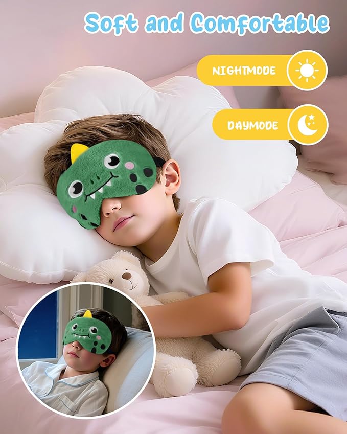 Sleep Mask for Kids - Cute Cartoon Plush Fuffy Sleeping Eye Cover Green Dinosaur Kawaii Soft Eyeshade with Adjustable Strap Animal Eye Blindfold for Kids Girls Boys Teens - Bloomnest