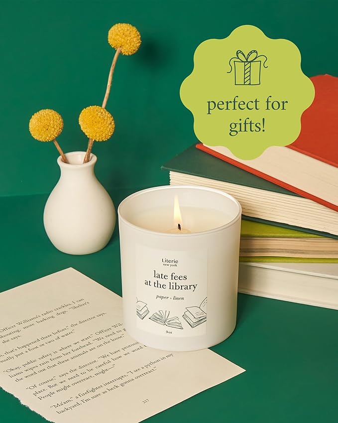 Literie NYC Inspired Scented Candle: Late Fees at The Library - Paper & Linen Scent, 9oz, 50 Hour Burn, Vegan Soy & Coconut Blend Candle for Home Decor, Gift for Women & Men - Bloomnest