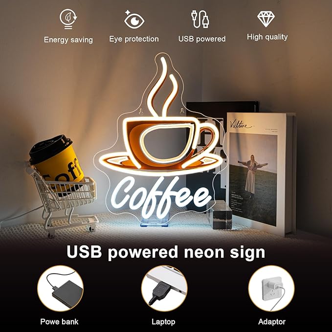 Lucunstar Coffee Neon Sign Dimmale Neon Lights For Wall Decor Led Lights For Coffee Shop Cafe Bar Art Party Decor USB Powered 11.42x14.57in - Bloomnest