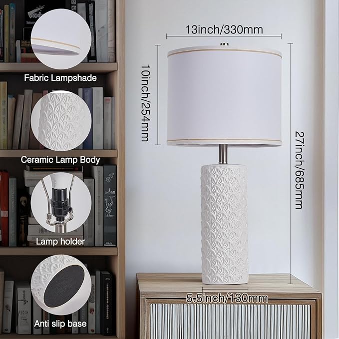 27" Farmhouse Bedside Table Lamp Set of 2, White Modern Ceramic Lamps for Living Room, 3 Color Temperature Rustic Table Lamps for Bedroom, Night Stands, Dorm,Office, Home Décor (Bulb Included - Bloomnest