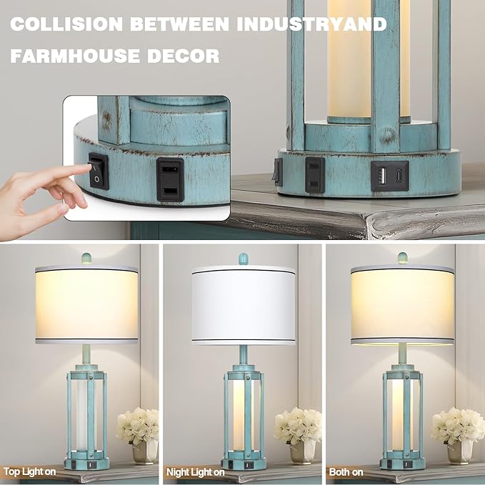 Table Lamp for Living Room, Vintage Rustic Industrial Farmhouse Lamps with USB A+C Charging Ports & AC Outlet, Beside Nightstand Metal Lamp with LED Night Light & Fabric Shade for Bedrooms - Bloomnest