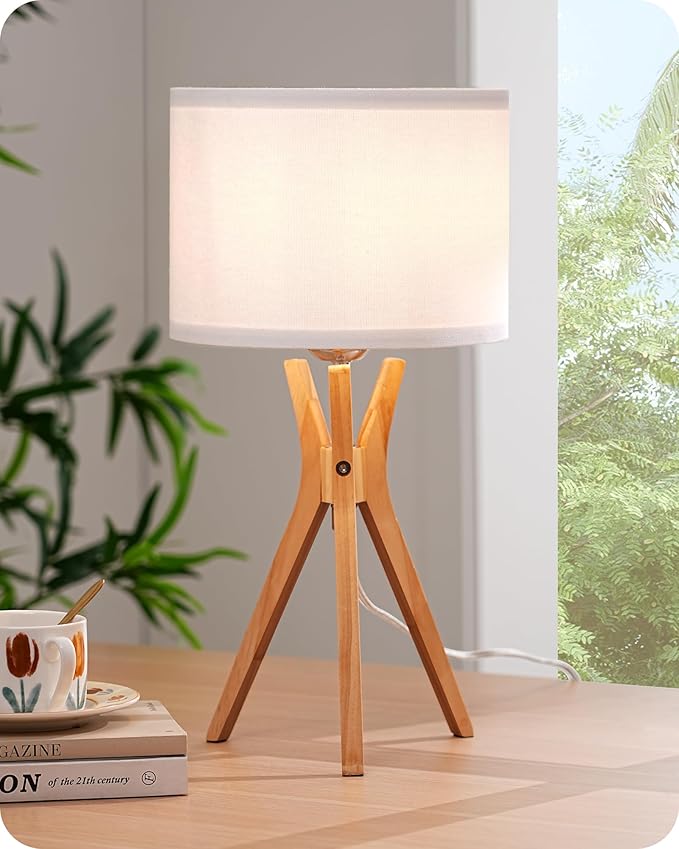 EDISHINE Modern Tripod Table Lamp, 17.5" Bedside Lamp with Natural Wood Light Legs & White Linen Lampshade, Nightstand Lamp for Bedroom, Living Room, Reading Room, E26 Base - Bloomnest
