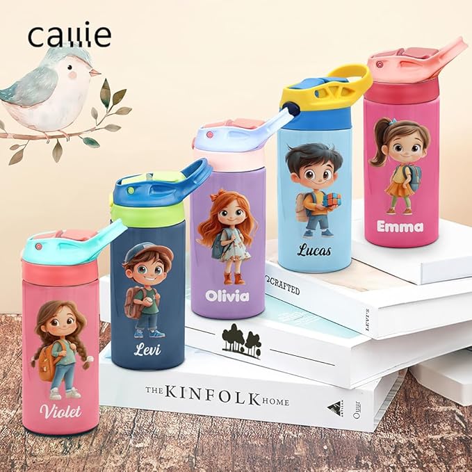 callie Personalized Insulated Kids Water Bottle with Cartoon Character, Custom 12 oz Leak Proof Lid Stainless Steel Cups with Straw, Gifts for Boys Girls - Bloomnest