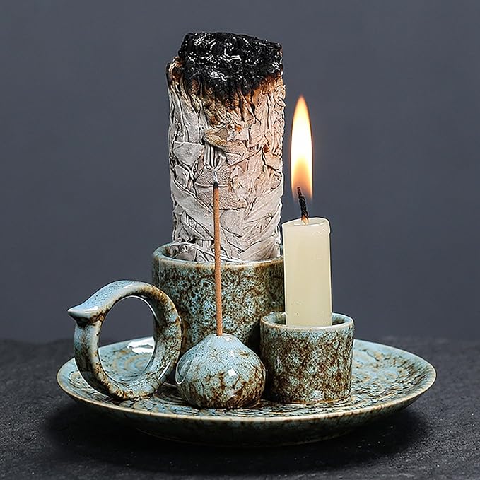 4 in 1 Ceramic Incense Burner Holder with Handle for Burning Sage, Palo Santo Stick, Joss Sticks, Candle in Your New House, Office, Yoga, Meditation Room (Speckled Blue) - Bloomnest