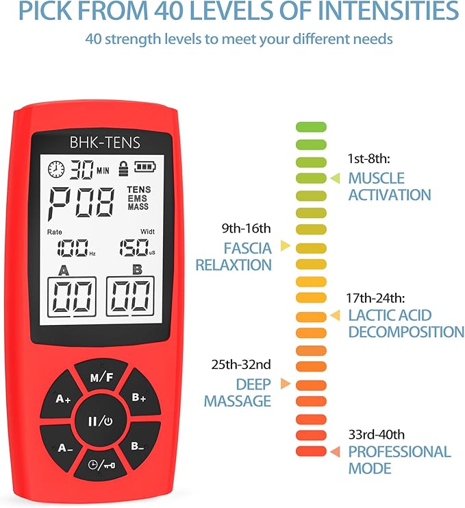 Rechargeable TENS Unit Machine for Pain Relief Therapy, Electronic EMS Muscle Stimulator for Shoulder Pain Relief, TENS&EMS Stimulator for Back Pain, Shoulder Neck Pain Relief, Sciatica Pain, red BHKTENS