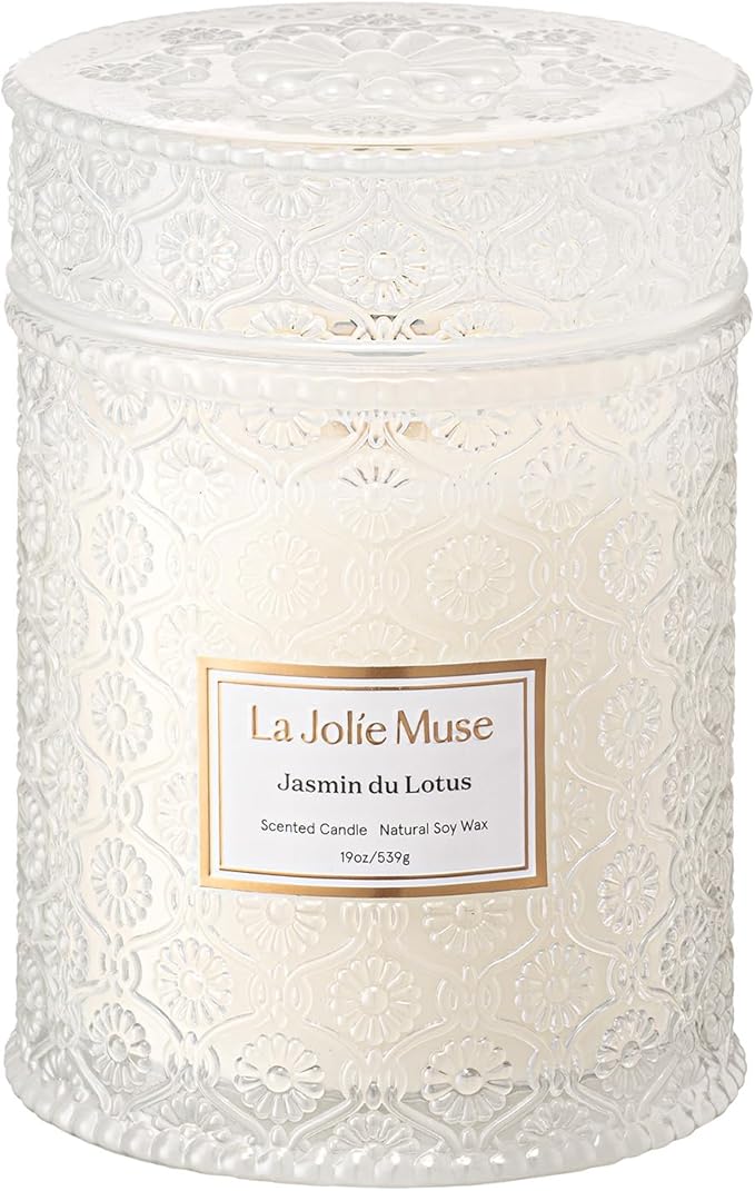 LA JOLIE MUSE Jasmin du Lotus Candle - Ivy, Jasmine, Cedarwood | 19 oz Large Wooden Wick Candle | Natural Soy Wax | 90 Hours Clean Burn | Gift-Ready for Hosts & Gatherings | Modern Home Decor - Bloomnest
