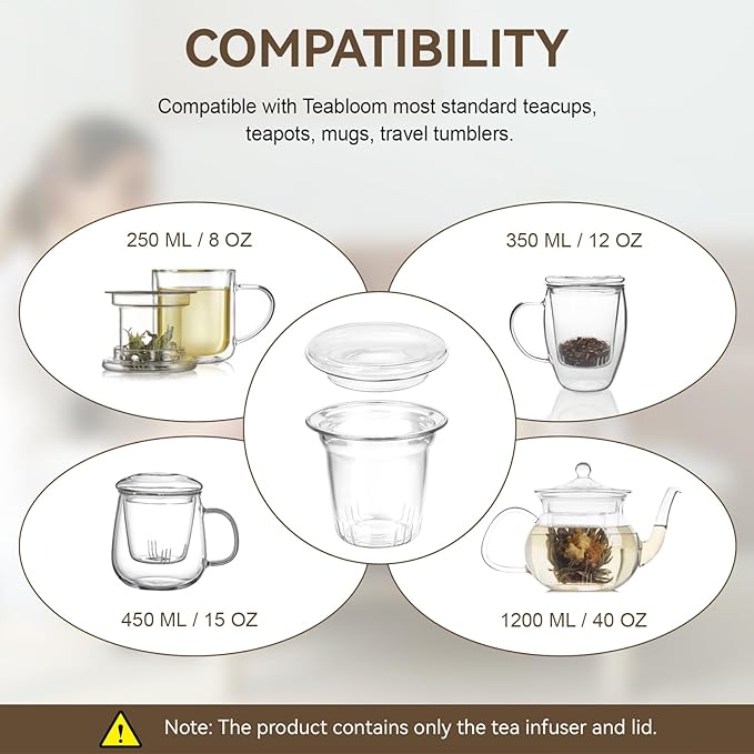 Universal Glass Tea Infuser for Teabloom, Loose Leaf Tea Strainer with Lid/Coaster for Cups, Teapots, Mugs, Travel Tumblers, Tea Steeper Glass for Loose Tea, Filter Diffuser Microwave Stovetop Safe - Bloomnest