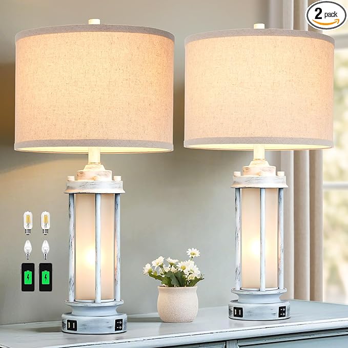 25" Rustic Table Lamps Set of 2, Vintage Nightstand Lamps with 2 USB Ports, Farmhouse Antique White Desk Lamp with Glass Night Light for Living Room Bedroom Dorms, 4 Bulbs Included - Bloomnest