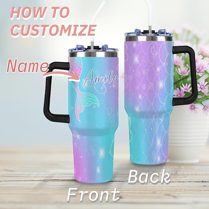 Personalized Mermaid Tail Tumbler with Names, Custom 40oz Tumblers with Handle and Straw Lid, Insulated Stainless Steel Cup, Gifts for Birthday Christmas Anniversary Women Her, Travel Coffee Mug - Bloomnest
