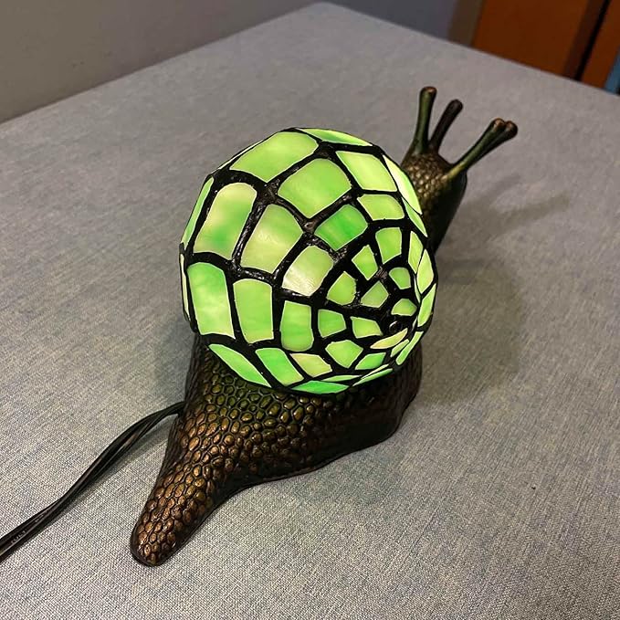 Bieye L10964 Land Snail Tiffany Style Stained Glass Accent Table Lamp for Home Decoration (Green, 10" D x 5" W x 5" H) - Bloomnest