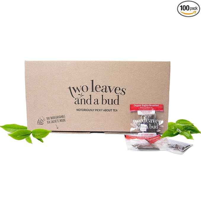 Two Leaves and a Bud Organic English Breakfast Tea Bags, Caffeinated Whole Leaf Black Tea in Compostable Sachets, 100 Count (Pack of 1) - Bloomnest