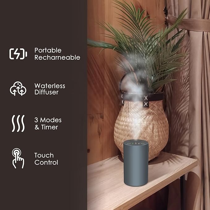 Waterless Essential Oil Diffuser, 7 Colors LED Light, Battery Powered Mini Scent Air Machine, Aromatherapy Mist Diffuser for Home Room Car Office (Grey) - Bloomnest