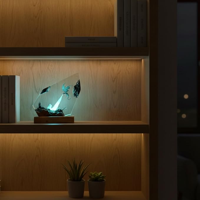 Handmade 3D Ocean Resin Lamp, Epoxy Ocean Night Light with Wooden Base, LED Color Changing Table Lamp, USB Powered Dragons Decor, Unique Ocean Gift for Bedroom & Home Office (Ice Dragon) - Bloomnest