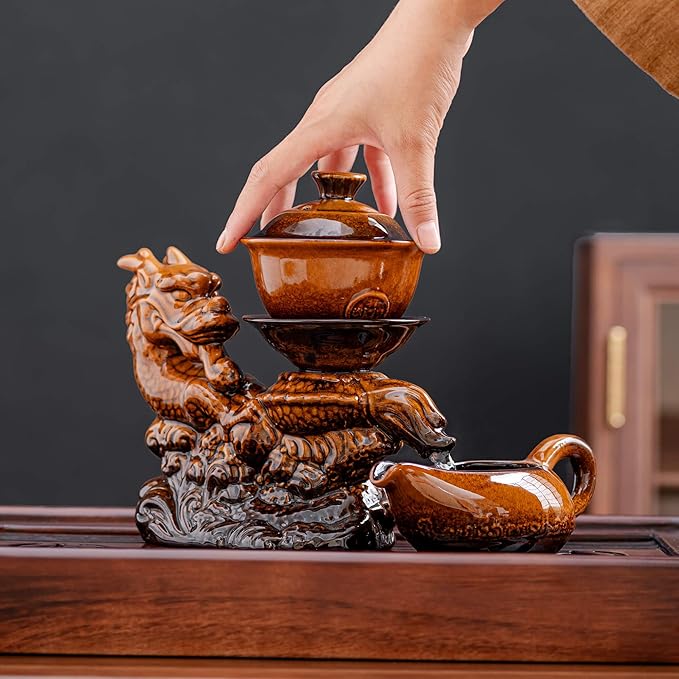 Ceramic Teapot with Infuser Semi Automatic Tea Set Magic Teapot with 8 cups Gradient Color (Yellow Dragon- B) - Bloomnest