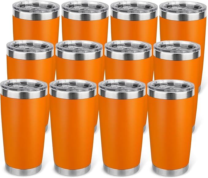 20oz Stainless Steel Tumbler Bulk with Lid, Travel Mug - Double Wall Vacuum Powder Coated Cup - Orange, 12 Pack - Bloomnest