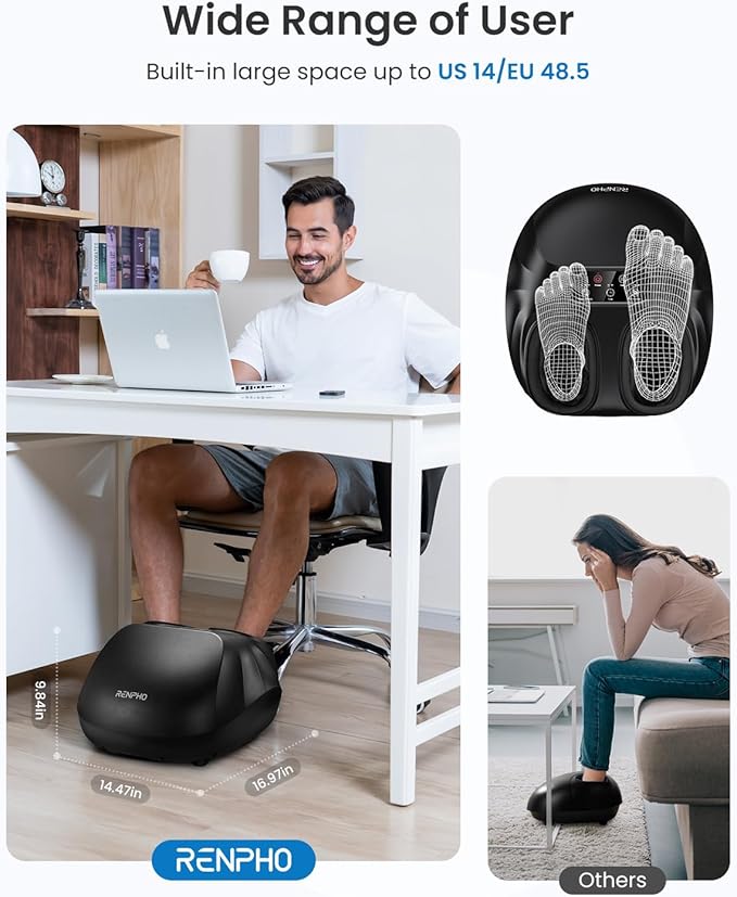 RENPHO Foot Massager Machine with Heat [2026 Upgraded], Shiatsu Foot Massager for Plantar Fasciitis, Foot Massager Machine for Women, Wireless Control, True Full Foot Massager, Up to Size 14, BK