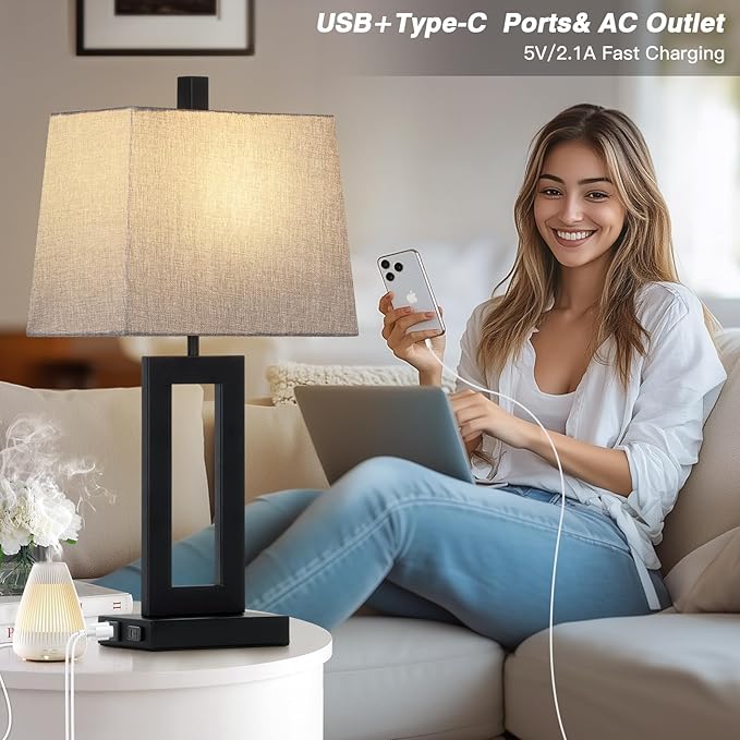 Touch Control Table Lamp Set of 2, Modern Black Bedside Lamps with USB C+A Ports & AC Outlet, 3 Way Dimmable Bedroom Lamps for Night Stands Bedroom Living Room,Nightstand Lamp - Bloomnest