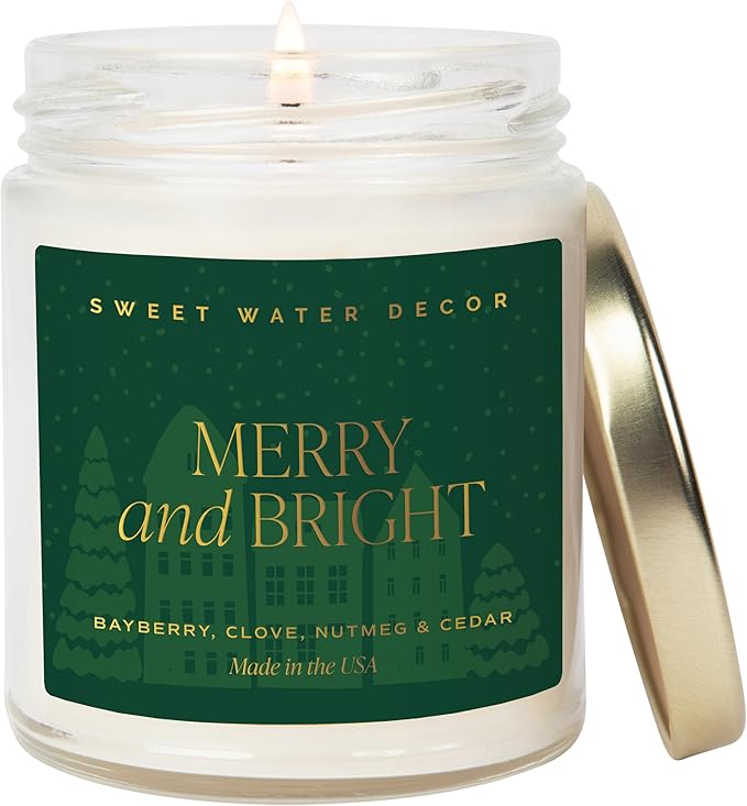 Sweet Water Decor Merry and Bright Christmas Scented Candles - Christmas Stocking Stuffers Soy Candles with Nutmeg Scent - Christmas Candles with 40 Hours Burn Time - 9Oz Gold Lid Clear Jar Candles - Bloomnest