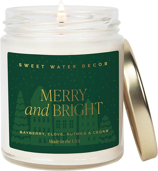 Sweet Water Decor Merry and Bright Christmas Scented Candles - Christmas Stocking Stuffers Soy Candles with Nutmeg Scent - Christmas Candles with 40 Hours Burn Time - 9Oz Gold Lid Clear Jar Candles - Bloomnest