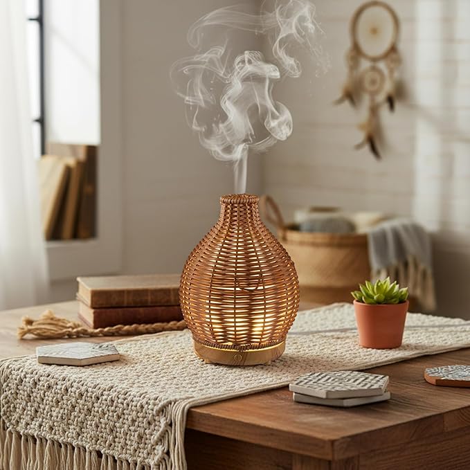 Copkim Essential Oil Diffuser Rattan Woven Boho Aroma Humidifier 80ml Ultrasonic Aromatherapy Diffuser with Timer and Waterless Auto-Off 2 Mist Modes Noiseless Warm Light for Home Office Bedroom Copkim