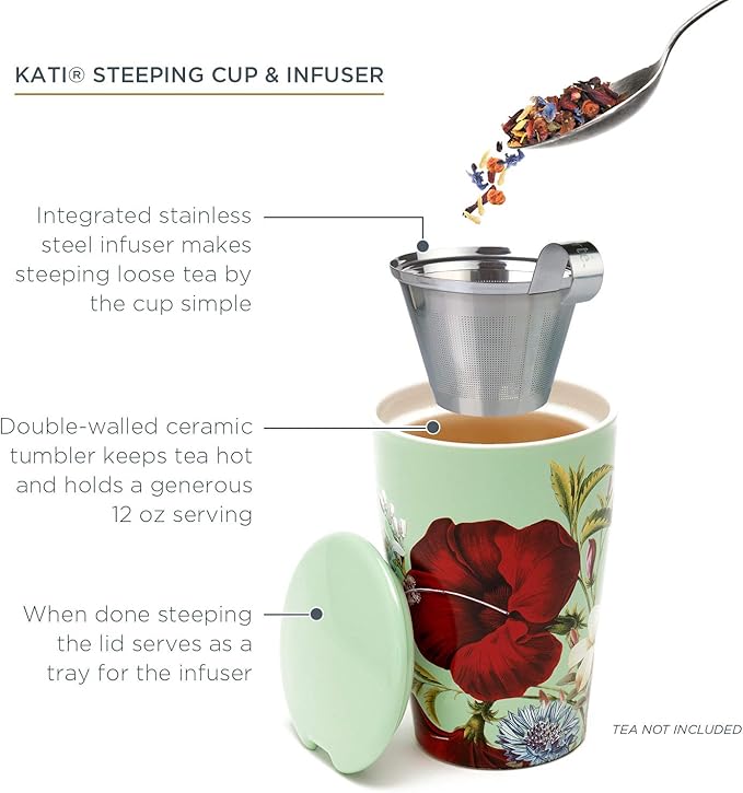 Tea Forte Double-Walled Ceramic Kati Cup, Removable Stainless Steel Infuser Basket and Lid, Steeps 12 oz Loose Leaf Tea, Dishwasher & Microwave Safe, Fleur - Bloomnest