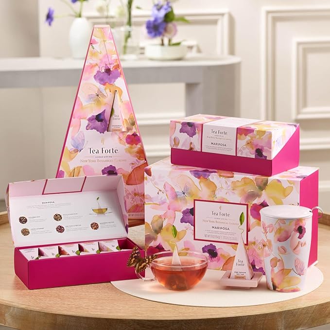 Tea Forte Mariposa Presentation Box Tea Gift Sampler, 20 Count, 2 of Each Variety Individually Wrapped Handcrafted Pyramid Infuser Bags - Bloomnest