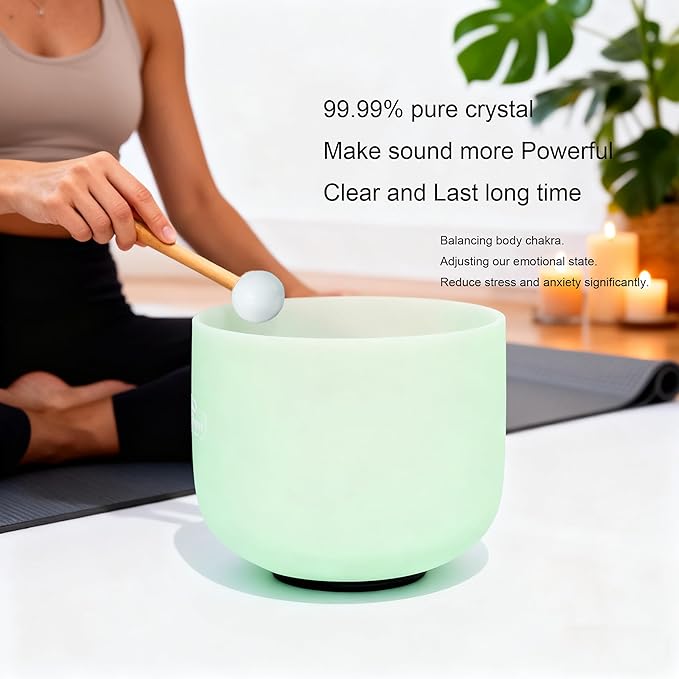 Hye-eun 432hz Crystal Singing Bowls Set,8-12inch Mint Green Sound Bath Bowl 8"A 10"F 12"C,Spiritual Mindfulness Sound Bowls with Beige Carry Case - Bloomnest
