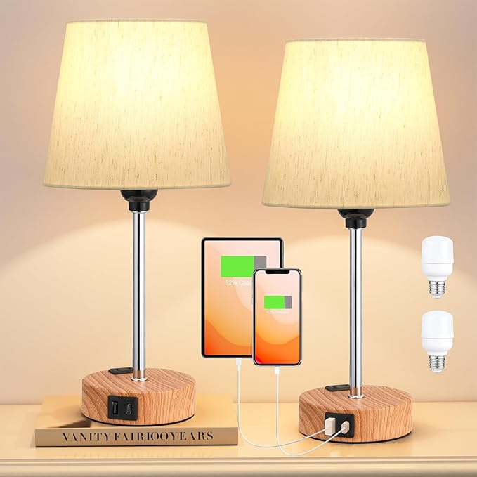 Acaxin Bedside Lamps for bedrooms Set of 2 - Nightstand Bedroom Lamp with USB C Port and AC Outlet Charging, 3 Way Dimmable Touch Control Small Bed Side Table Lamp, Nightstand Light for Kids - Bloomnest