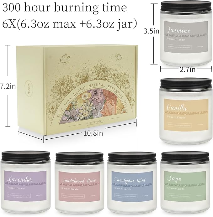 6 Pack Candles for Home Scented Aromatherapy Candles Gifts Set for Women, Lavender Candle, 37.8 oz 300 Hour Long Lasting Candles, Stocking Stuffers, Birthday, Valentine, Christmas, Anniversary Present - Bloomnest