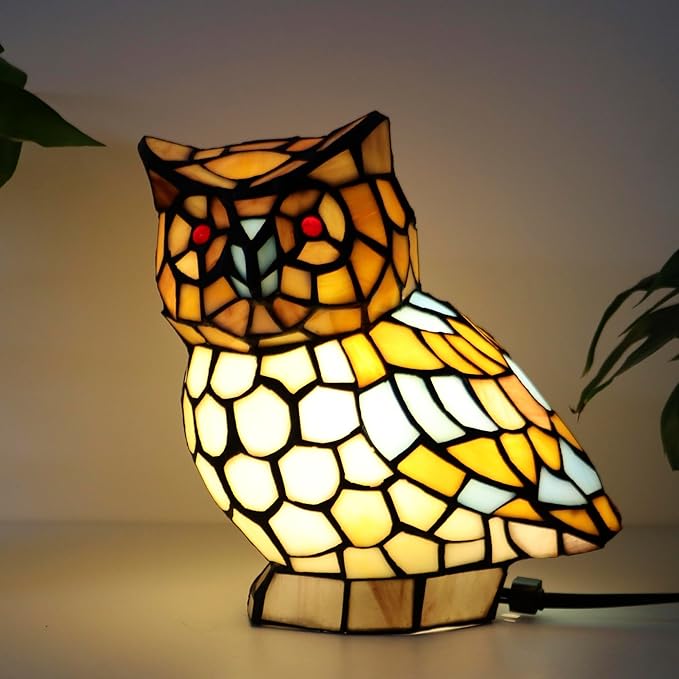 Tiffany Owl Lamp Yellow and White Stained Glass Animal Table Lamp Accent Lamp - Bloomnest