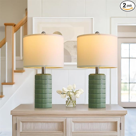 PoKat 20.75" Small Modern Ceramic Table Lamps Set of 2 for Bedroom, Green Bedside Lamps for Night Stands, Farmhouse House Decor Nightstand Table Lamps for Living Room End Table Green - Bloomnest