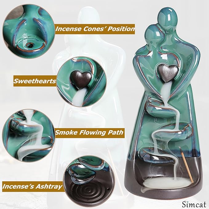 Simcat Backflow Incense Burner Holder Handicraft Hugging Lovers Incense Holder Censer Romantic Incense Waterfall Burner Decor + 20 Backflow Incense Cones 30 Incense Sticks 1 Tweezer 1 Mat - Bloomnest