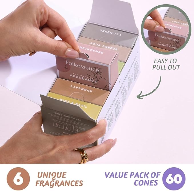 Folkulture Backflow Incense Cones (60 Cones) | Set of 6 Waterfall Insence Cones for Manifesting, Aromatherapy, Gifts | No Charcoal, Organic, Non Toxic Frankincense, Coffee Scented Inscents-Cones FOLKULTURE