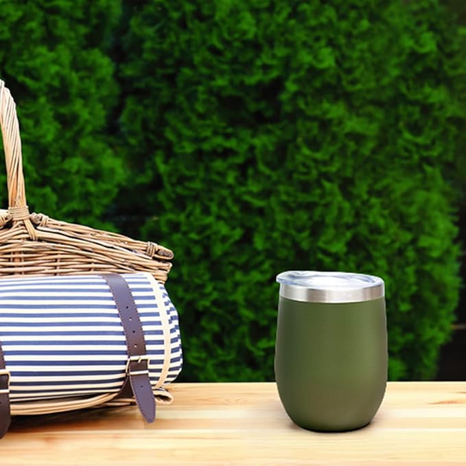 12 oz Insulated Wine Tumbler with Lid and Straw,Stainless Steel Stemless Wine Tumbler Glasses Double Wall Vacuum Wine Cups Tumbler for Coffee,Cocktail,Office（Navy Green,1） - Bloomnest