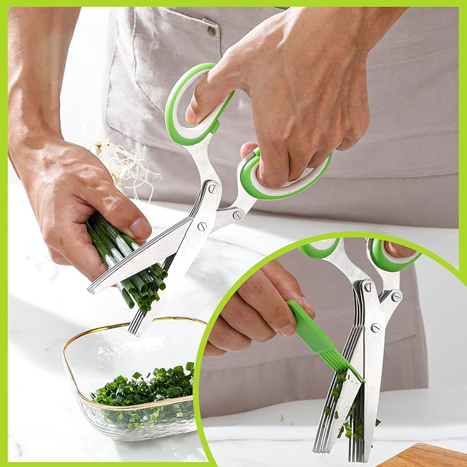 2025 Herb Scissors Set - Classic green 5-Blade Design with Cover and Comb - Skin-Friendly Handle for Comfortable Grip - Dishwasher Safe, Rust-Resistant Stainless Steel for Fresh Herbs - Bloomnest